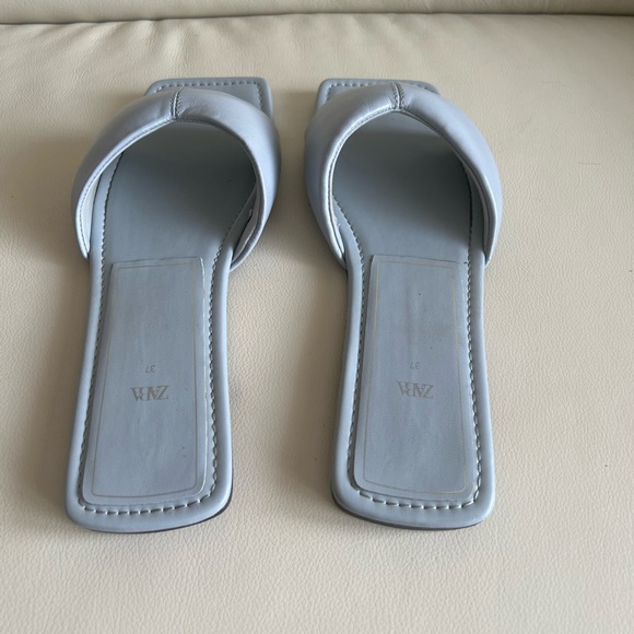 Zara Light Blue Leather Slides Size 37 - Picture 4 of 6
